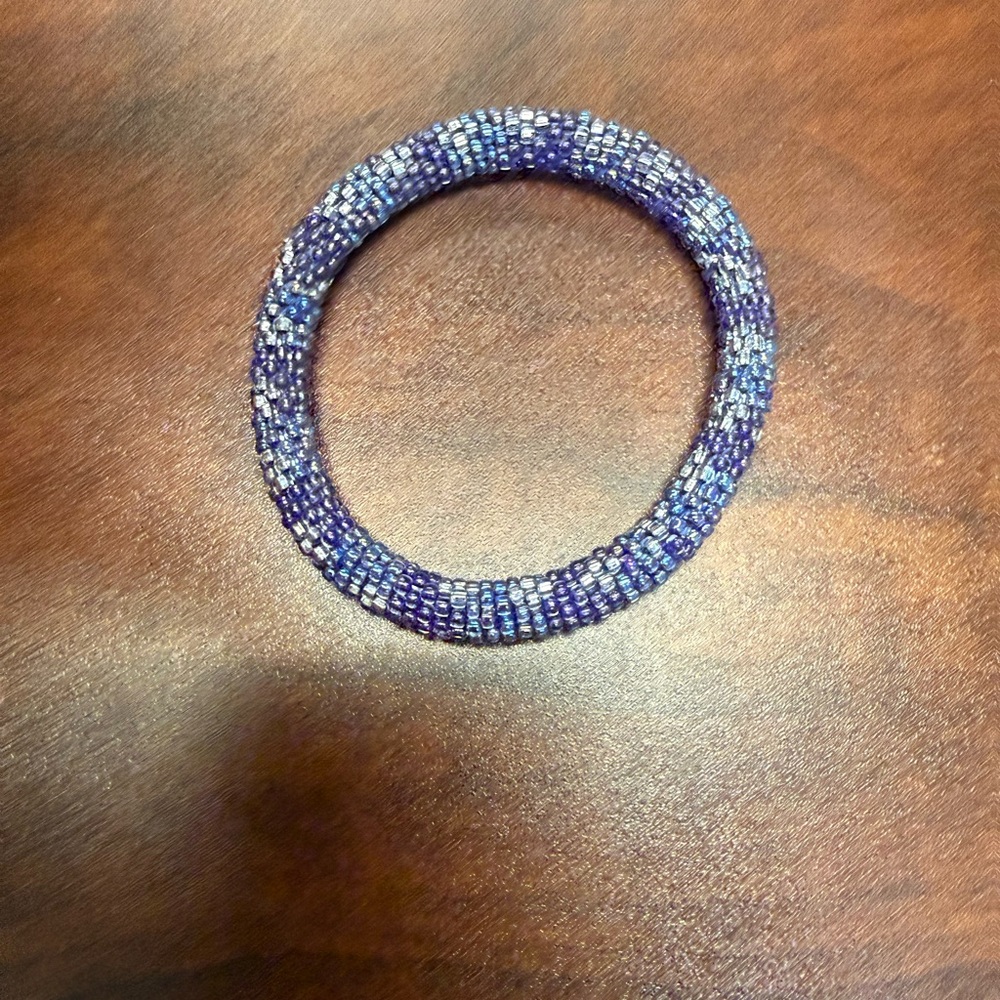Purple and Silver Lily and Laura Beaded Bracelet. Handcrafted in Nepal.